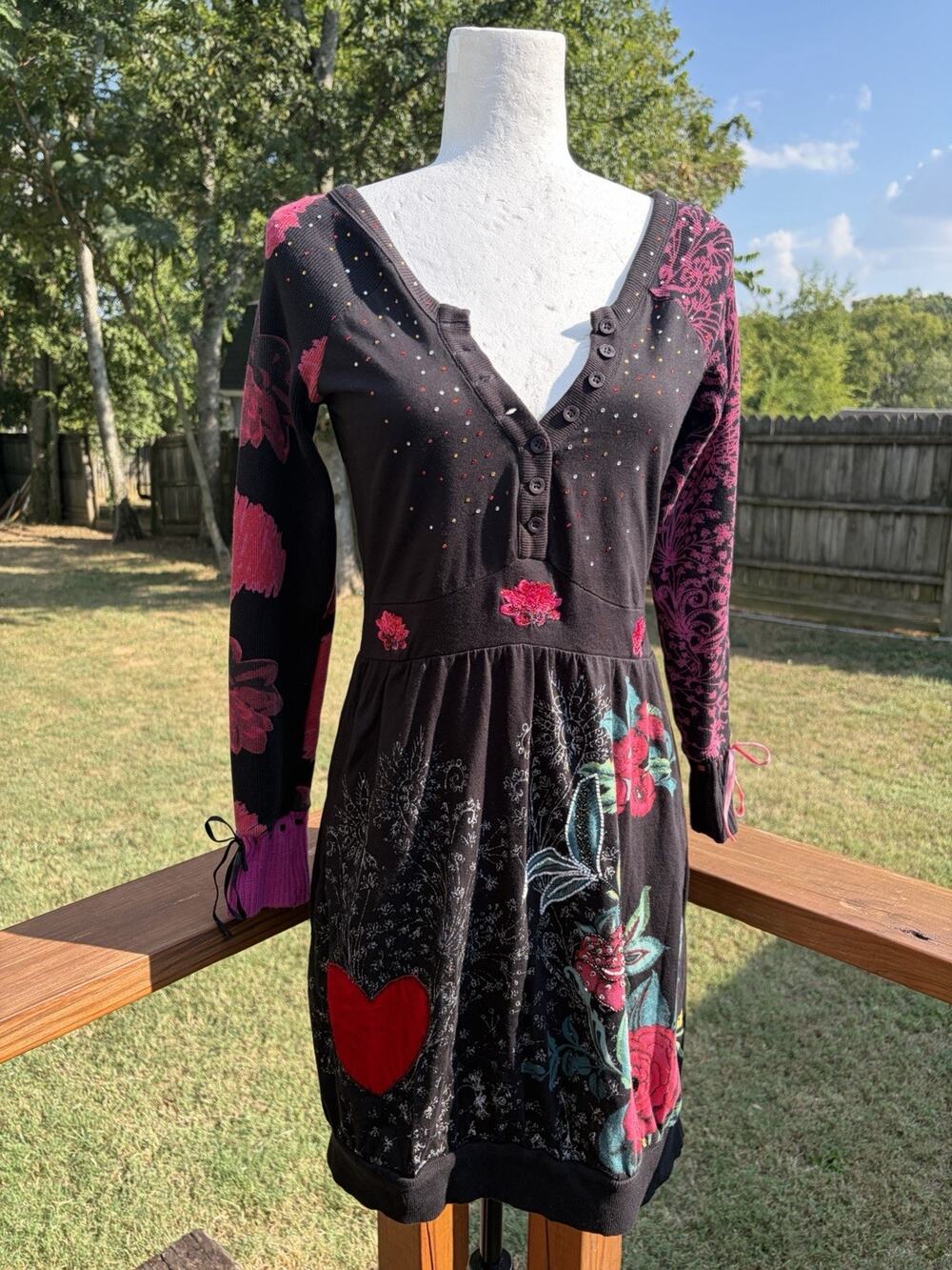 Y2K Desigual Whimsigoth Dress Embellished Long Sleeve Large Grunge